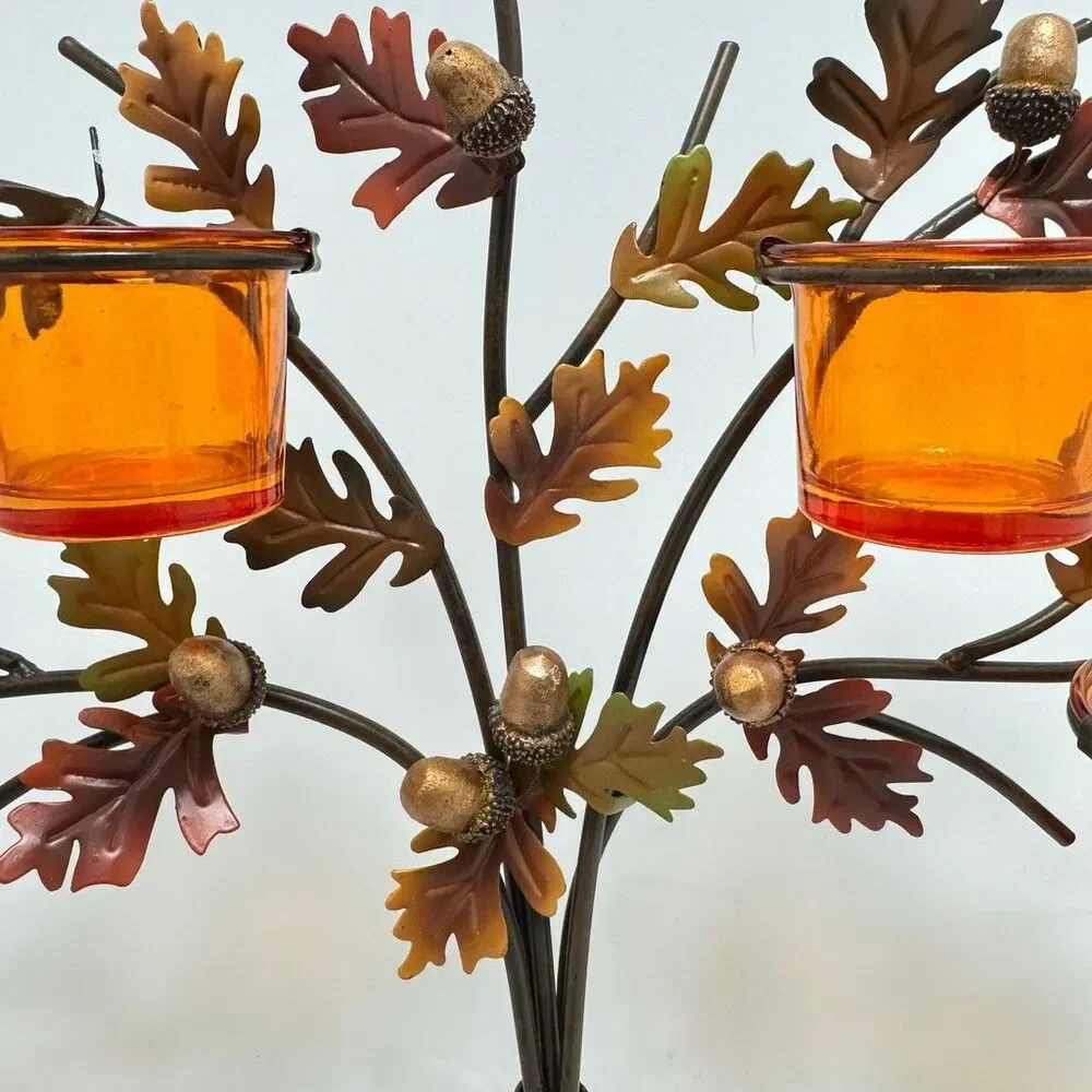 Metal Tree Votives Candle Holder With Orange Glass And Acorn Details